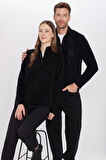 Unisex Standart Fit Rahat Kesim Tüylenme Yapmayan Soğuk Geçirmez Siyah Dik Yaka Polar Sweatshirt