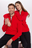 Unisex Standart Fit Anti-pilling Tüylenme Yapmayan Soğuk Geçirmez Kırmızı Dik Yaka Polar Sweatshirt