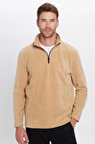 Unisex Standart Fit Anti-pilling Tüylenme Yapmayan Soğuk Geçirmez Bej Dik Bato Yaka Polar Sweatshirt