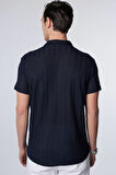 Erkek Slim Fit Dar Kesim Kısa Kollu Nefes Alan  Örme Doku Armür Desenli Lacivert Gömlek