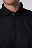 Erkek Slim Fit Dar Kesim Uzun Kollu Pamuklu Gizli Pat Siyah Gömlek