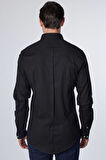 Erkek Slim Fit Dar Kesim Uzun Kollu Pamuklu Gizli Pat Siyah Gömlek