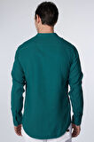 Erkek Slim Fit Dar Kesim Uzun Kollu %100 Pamuk Keten Doku Hakim Yaka Yeşil Gömlek
