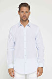 Erkek Slim Fit Dar Kesim Uzun Kollu %100 Pamuk Keten Doku Apoletli Mavi Gömlek
