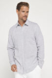 Erkek Slim Fit Dar Kesim Uzun Kollu %100 Pamuk Keten Doku Apoletli Gri Gömlek