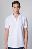 Erkek Slim Fit Dar Kesim Kısa Kollu Örme Kumaş Beyaz Apaş Yaka Gömlek