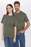 Unisex Relax Fit Rahat Kesim %100 Pamuk Yumuşak Dokulu Hafif Kalın Basic Bisiklet Yaka Haki Tişört