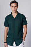 Erkek Slim Fit Dar Kesim Kısa Kollu Örme Kumaş Yeşil Apaş Yaka Gömlek