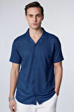 Erkek Slim Fit Dar Kesim Kısa Kollu Örme Kumaş Indigo Apaş Yaka Gömlek