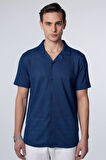 Erkek Slim Fit Dar Kesim Kısa Kollu Örme Kumaş Indigo Apaş Yaka Gömlek