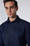 Erkek Slim Fit Dar Kesim Uzun Kollu Pamuklu Armürlü Tek Cepli Lacivert Gömlek