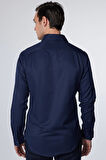 Erkek Slim Fit Dar Kesim Uzun Kollu Pamuklu Armürlü Tek Cepli Lacivert Gömlek