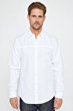 Erkek Slim Fit Dar Kesim Uzun Kollu %100 Pamuk Keten Doku Beyaz Gömlek