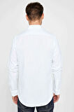 Erkek Slim Fit Dar Kesim Uzun Kollu %100 Pamuk Keten Doku Beyaz Gömlek