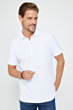 Erkek Slim Fit Dar Kesim %100 Pamuk Armürlü Beyaz Polo Yaka Tişört