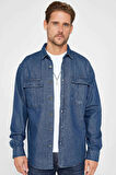 Unisex Relax Fit Rahat Kesim Denim Kot Çift Cepli İndigo Overshirt Ceket Tarzı Gömlek
