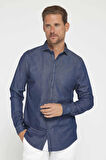 Erkek Slim Fit Dar Kesim Uzun Kollu %100 Pamuk Denim Kot Lacivert Gömlek