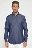 Erkek Slim Fit Dar Kesim Uzun Kollu %100 Pamuk Denim Kot Lacivert Gömlek