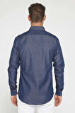 Erkek Slim Fit Dar Kesim Uzun Kollu %100 Pamuk Denim Kot Lacivert Gömlek