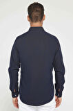 Erkek Slim Fit Uzun Kollu Spor Yaka Yıkamalı Çift Cepli Armürlü Denim Kot Lacivert Gömlek