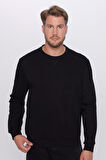 Unisex Oversize Geniş Kesim Pamuklu Basic Siyah Bisiklet Yaka Sweatshirt
