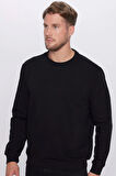 Unisex Oversize Geniş Kesim Pamuklu Basic Siyah Bisiklet Yaka Sweatshirt