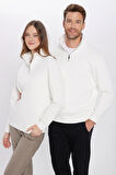 Unisex Relax Fit Rahat Kesim Pamuklu İçi Polarlı Yarım Fermuarlı Beyaz Dik Yaka Sweatshirt