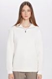 Unisex Relax Fit Rahat Kesim Pamuklu İçi Polarlı Yarım Fermuarlı Beyaz Dik Yaka Sweatshirt