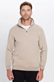 Unisex Relax Fit Rahat Kesim Pamuklu İçi Polarlı Yarım Fermuarlı Taş Renk Dik Yaka Sweatshirt