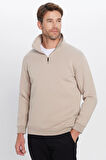 Unisex Relax Fit Rahat Kesim Pamuklu İçi Polarlı Yarım Fermuarlı Taş Renk Dik Yaka Sweatshirt