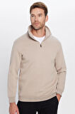 Unisex Relax Fit Rahat Kesim Pamuklu İçi Polarlı Yarım Fermuarlı Taş Renk Dik Yaka Sweatshirt