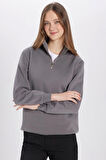 Unisex Relax Fit Rahat Kesim Pamuklu İçi Polarlı Yarım Fermuarlı Gri Dik Yaka Sweatshirt