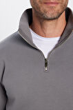 Unisex Relax Fit Rahat Kesim Pamuklu İçi Polarlı Yarım Fermuarlı Gri Dik Yaka Sweatshirt