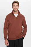 Unisex Relax Fit Rahat Kesim Pamuklu İçi Polarlı Yarım Fermuarlı Kahverengi Dik Yaka Sweatshirt