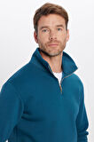 Unisex Relax Fit Rahat Kesim Pamuklu İçi Polarlı Yarım Fermuarlı İndigo Dik Yaka Sweatshirt