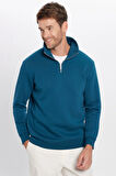 Unisex Relax Fit Rahat Kesim Pamuklu İçi Polarlı Yarım Fermuarlı İndigo Dik Yaka Sweatshirt
