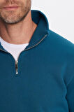 Unisex Relax Fit Rahat Kesim Pamuklu İçi Polarlı Yarım Fermuarlı İndigo Dik Yaka Sweatshirt