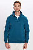 Unisex Relax Fit Rahat Kesim Pamuklu İçi Polarlı Yarım Fermuarlı İndigo Dik Yaka Sweatshirt