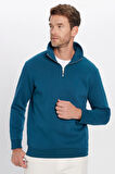Unisex Relax Fit Rahat Kesim Pamuklu İçi Polarlı Yarım Fermuarlı İndigo Dik Yaka Sweatshirt