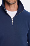 Unisex Relax Fit Rahat Kesim Pamuklu İçi Polarlı Yarım Fermuarlı Lacivert Dik Yaka Sweatshirt