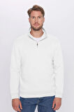 Unisex Relax Fit Rahat Kesim %100 Pamuk Yarım Fermuarlı Beyaz Dik Yaka Sweatshirt