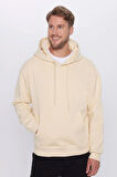 Unisex Oversize Geniş Kesim Pamuklu Yumuşak Dokulu İçi Polarlı Basic Bej Kapüşonlu Sweatshirt