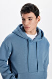 Unisex Oversize Geniş Kesim Pamuklu Yumuşak Dokulu İçi Polarlı Basic İndigo Kapüşonlu Sweatshirt