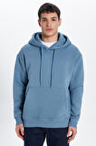 Unisex Oversize Geniş Kesim Pamuklu Yumuşak Dokulu İçi Polarlı Basic İndigo Kapüşonlu Sweatshirt