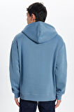 Unisex Oversize Geniş Kesim Pamuklu Yumuşak Dokulu İçi Polarlı Basic İndigo Kapüşonlu Sweatshirt