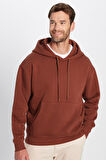Unisex Oversize Geniş Kesim Pamuklu Yumuşak Dokulu İçi Polarlı Basic Kahverengi Kapüşonlu Sweatshirt