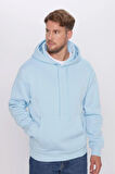 Unisex Oversize Geniş Kesim Pamuklu Yumuşak Dokulu İçi Polarlı Basic Mavi Kapüşonlu Sweatshirt