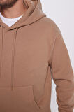 Unisex Oversize Geniş Kesim Pamuklu Yumuşak Dokulu İçi Polarlı Basic Vizon Renk Kapüşonlu Sweatshirt