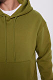 Unisex Oversize Geniş Kesim Pamuklu Yumuşak Dokulu İçi Polarlı Basic Yeşil Renk Kapüşonlu Sweatshirt