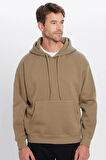 Unisex Oversize Geniş Kesim Pamuklu Yumuşak Dokulu İçi Polarlı Basic Haki Kapüşonlu Sweatshirt